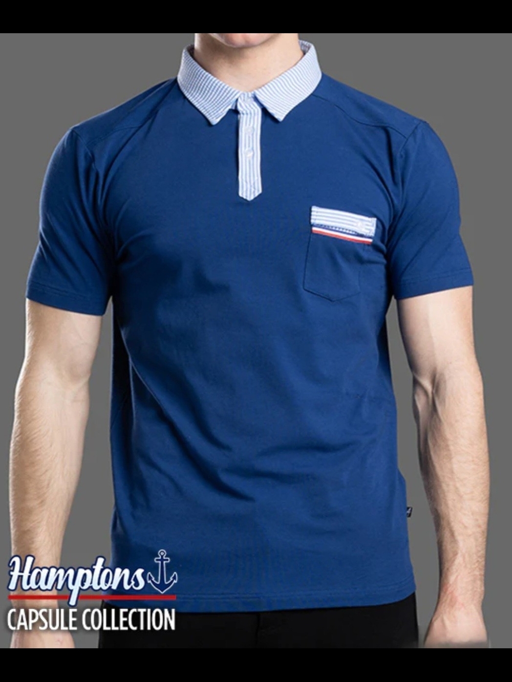 Andrew Christian Navy Polo with Seersucker Striped Contrast Collar and Pocket.